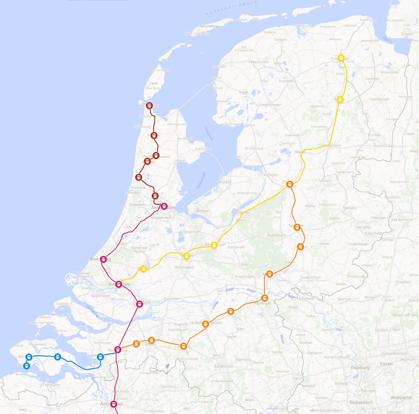 Kaart treinroutes met fiets naar België overzicht