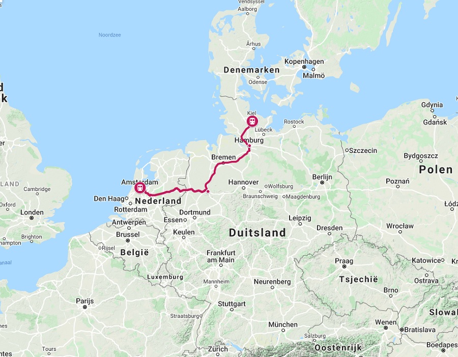 Route trein naar Kiel
