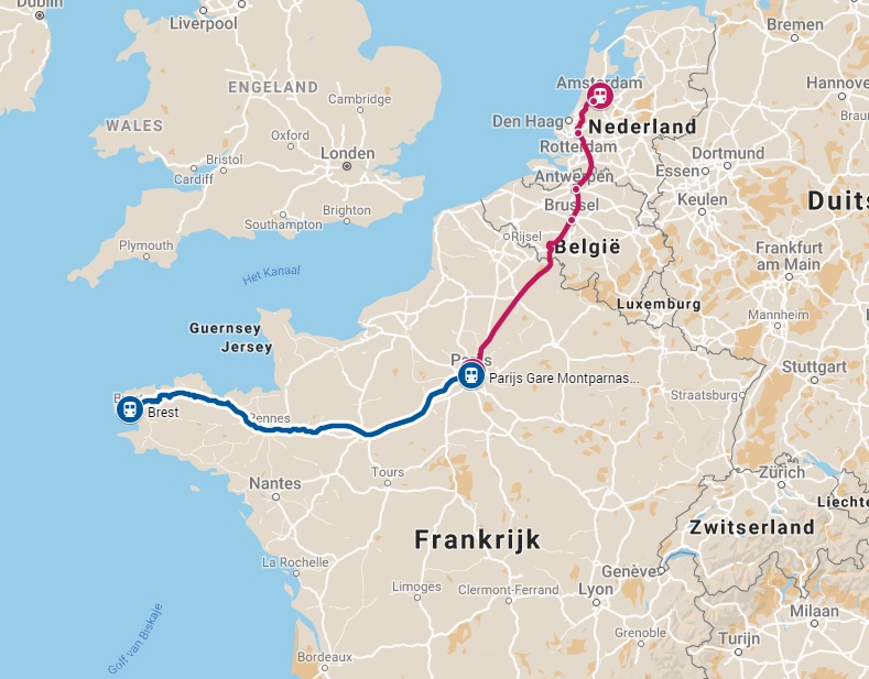 Route trein naar Brest