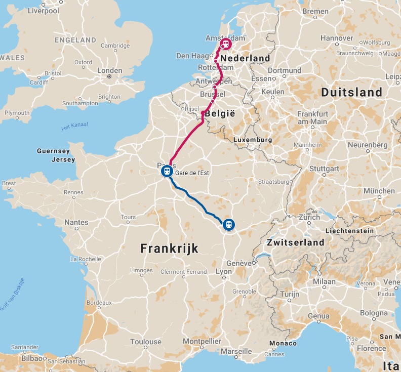 Route trein naar Dijon