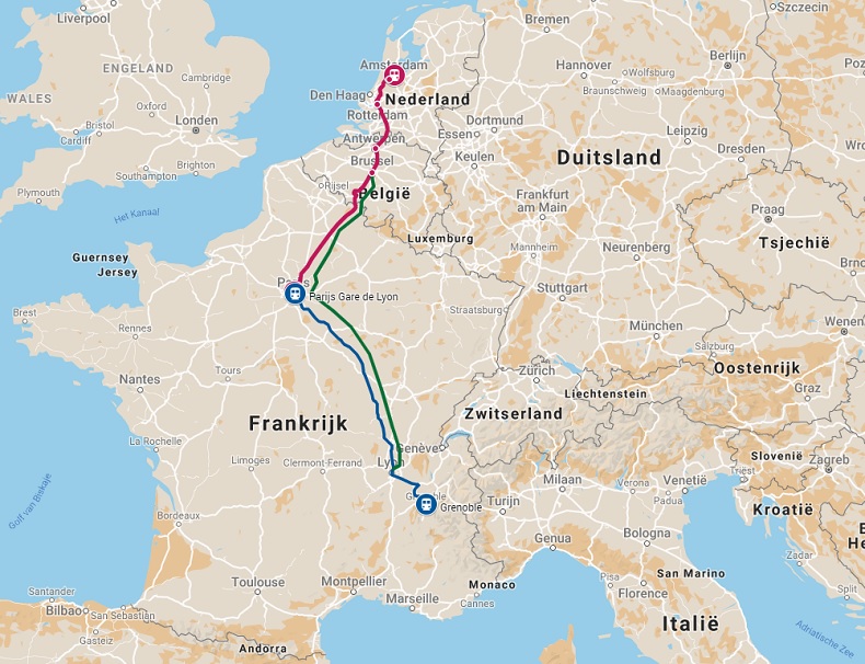 Route trein naar Grenoble