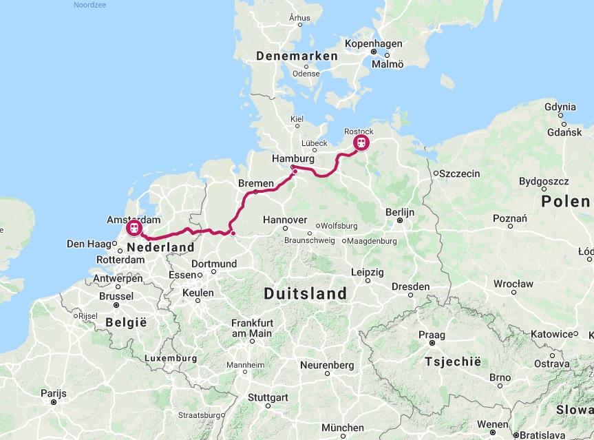 Route trein naar Rostock