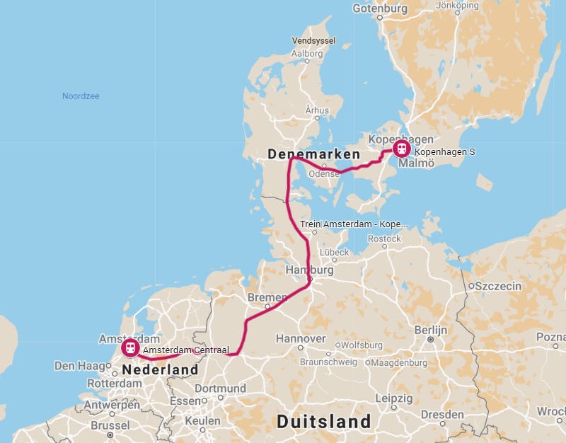 Route trein naar Kopenhagen