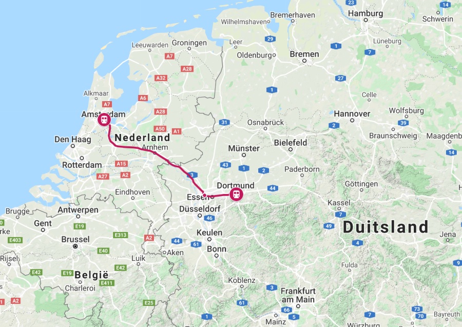 Route trein naar Dortmund