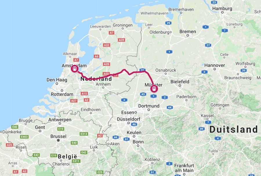 Route trein naar Münster