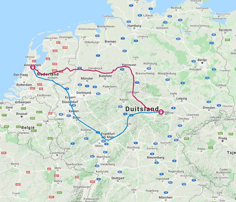 Route trein naar Weimar