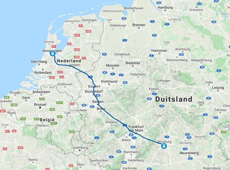 Route trein naar Würzburg