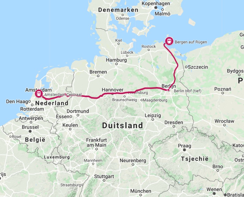 Route trein naar Bergen auf Rügen