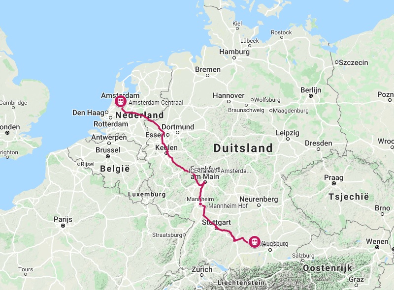 Route trein naar Augsburg