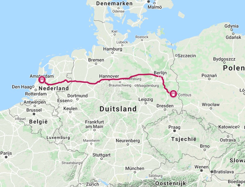 Route trein naar Cottbus