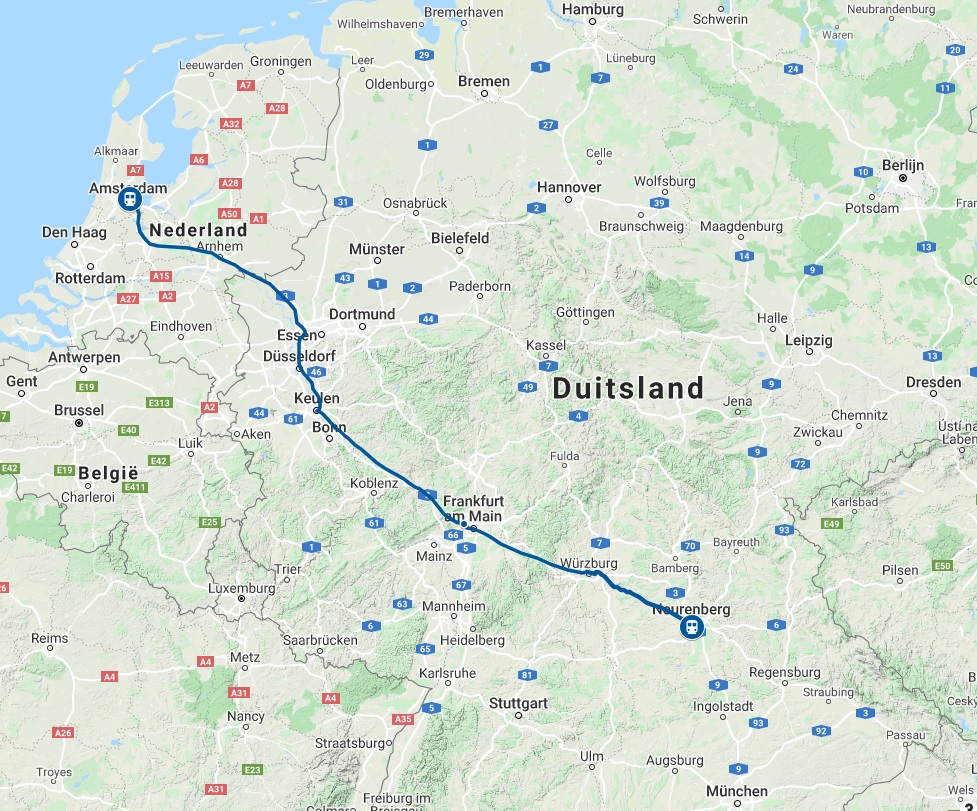 Route trein naar Nürnberg