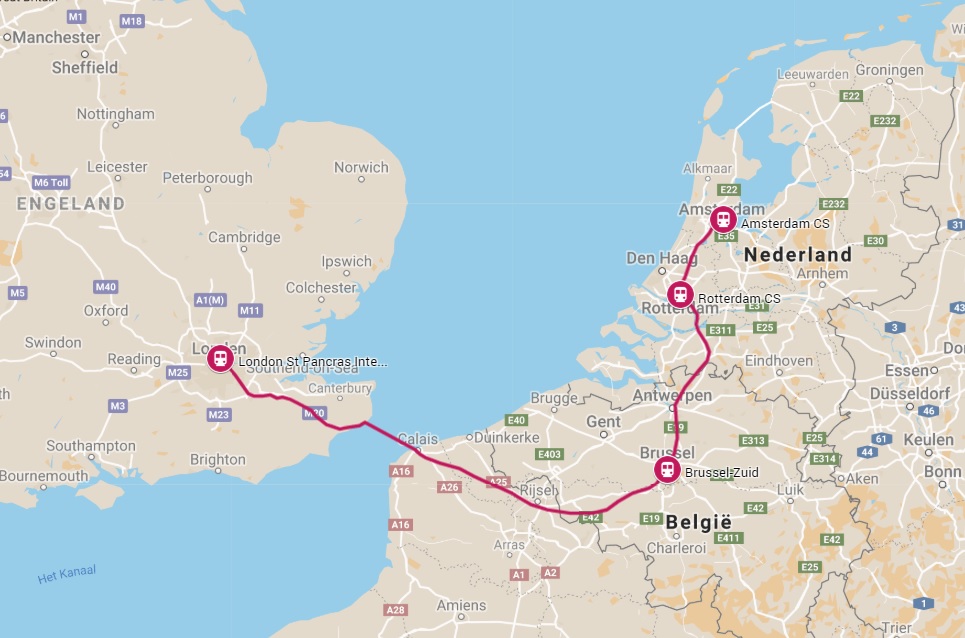 Route van de trein van Alkmaar naar Londen