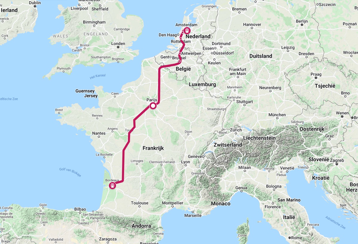 Route van de trein naar Bordeaux