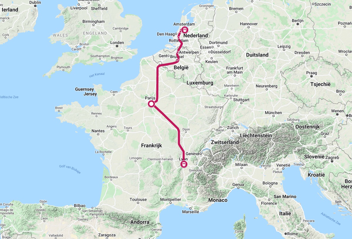 Route van de trein naar Lyon