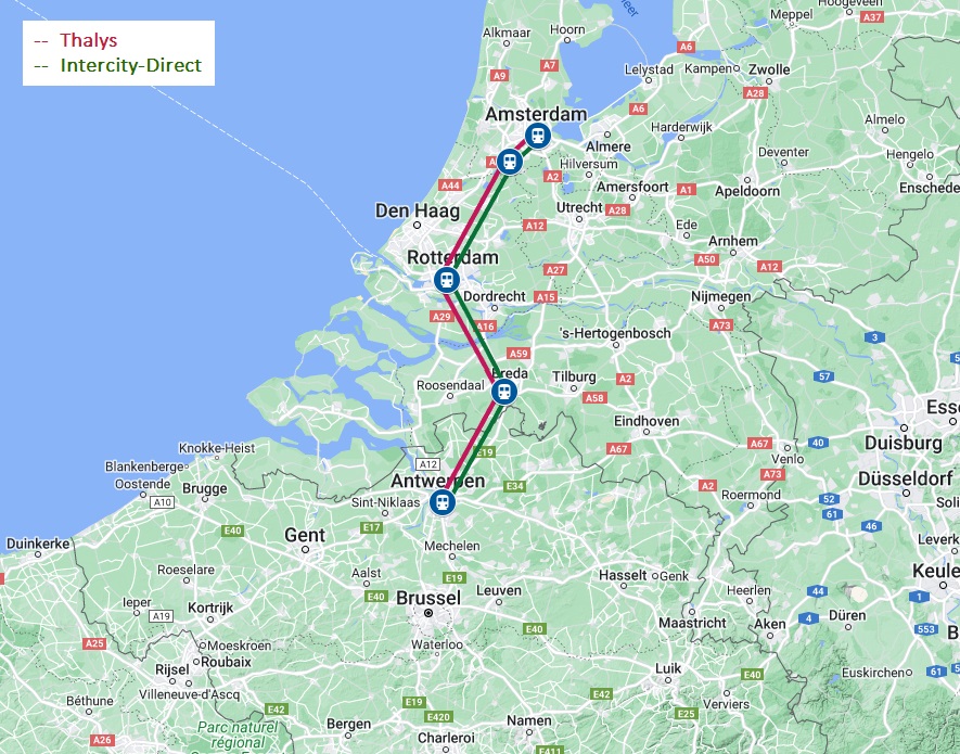 Route van de trein naar Antwerpen