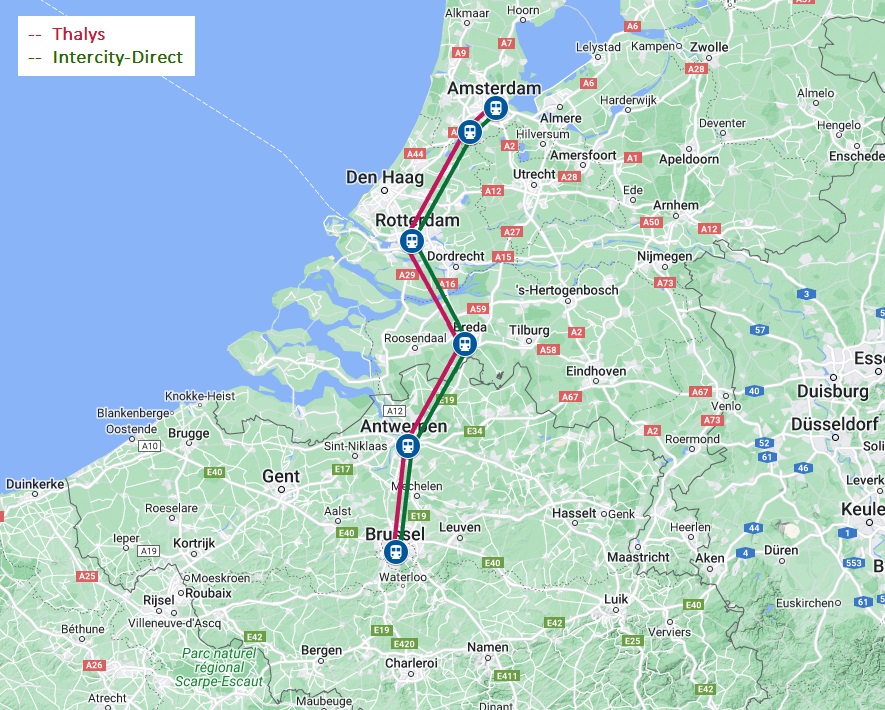 Route van de trein naar Brussel